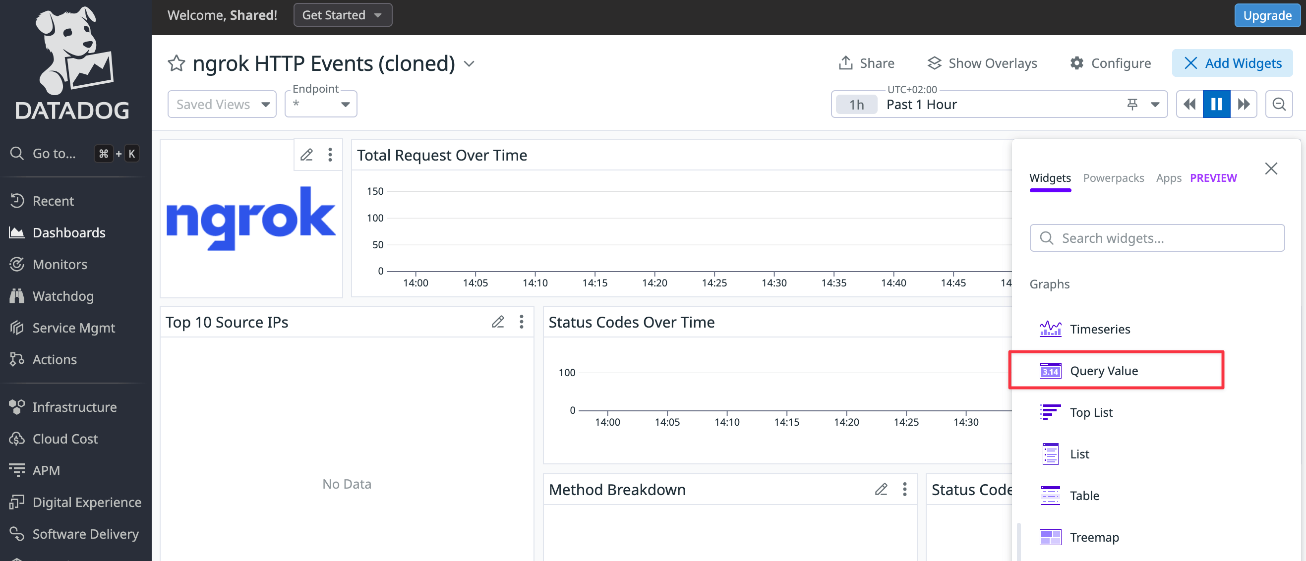Datadog dashboard in edit mode with the add widget panel open
