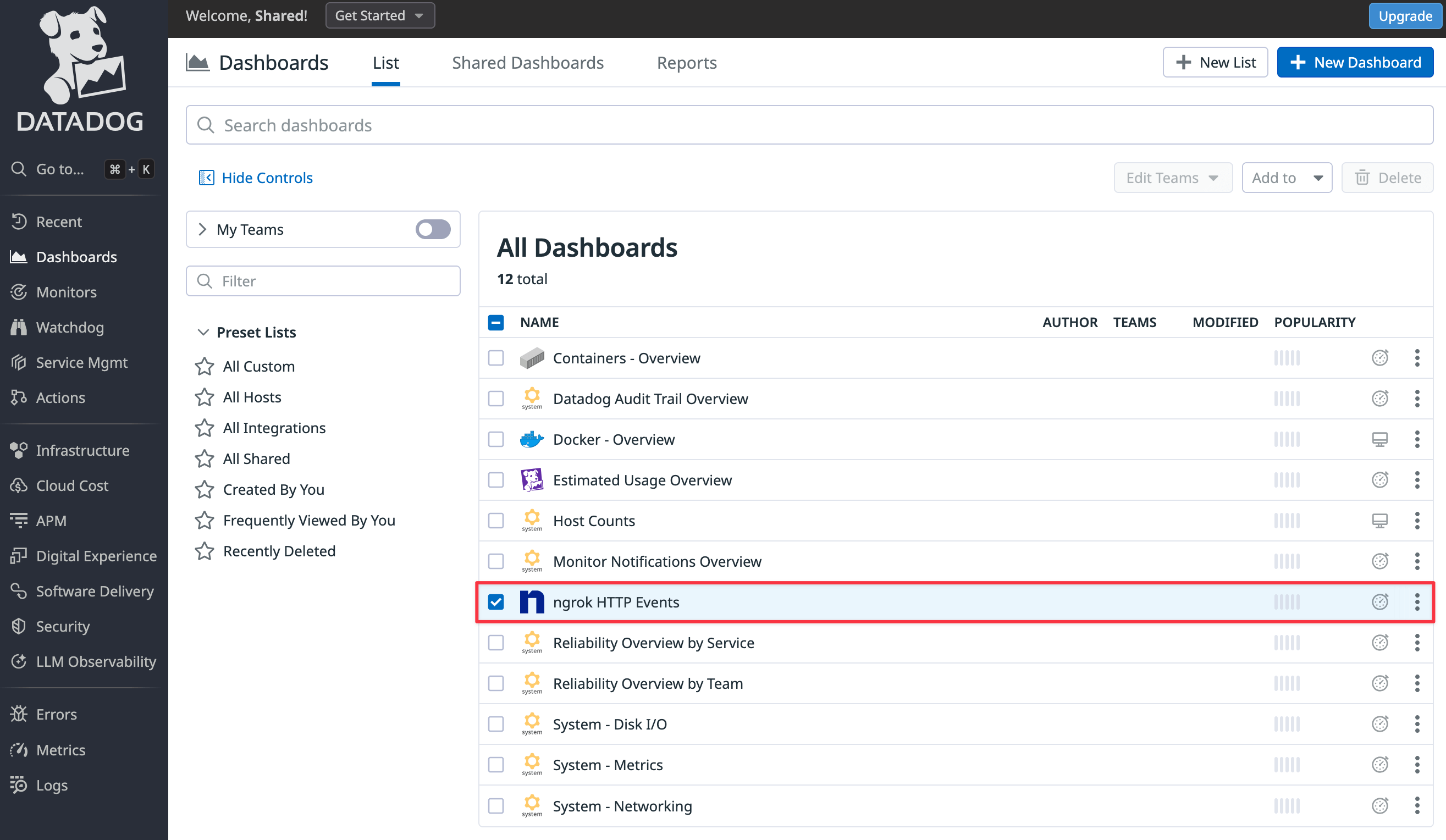 Datadog dashboard list showing available monitoring dashboards
