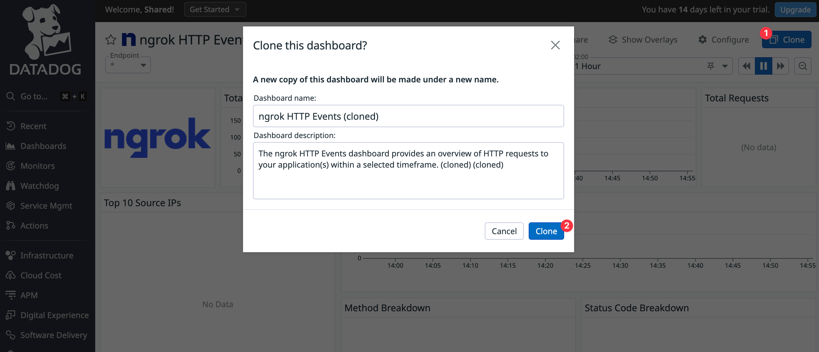 Datadog default ngrok monitoring dashboard with request metrics and status code graphs