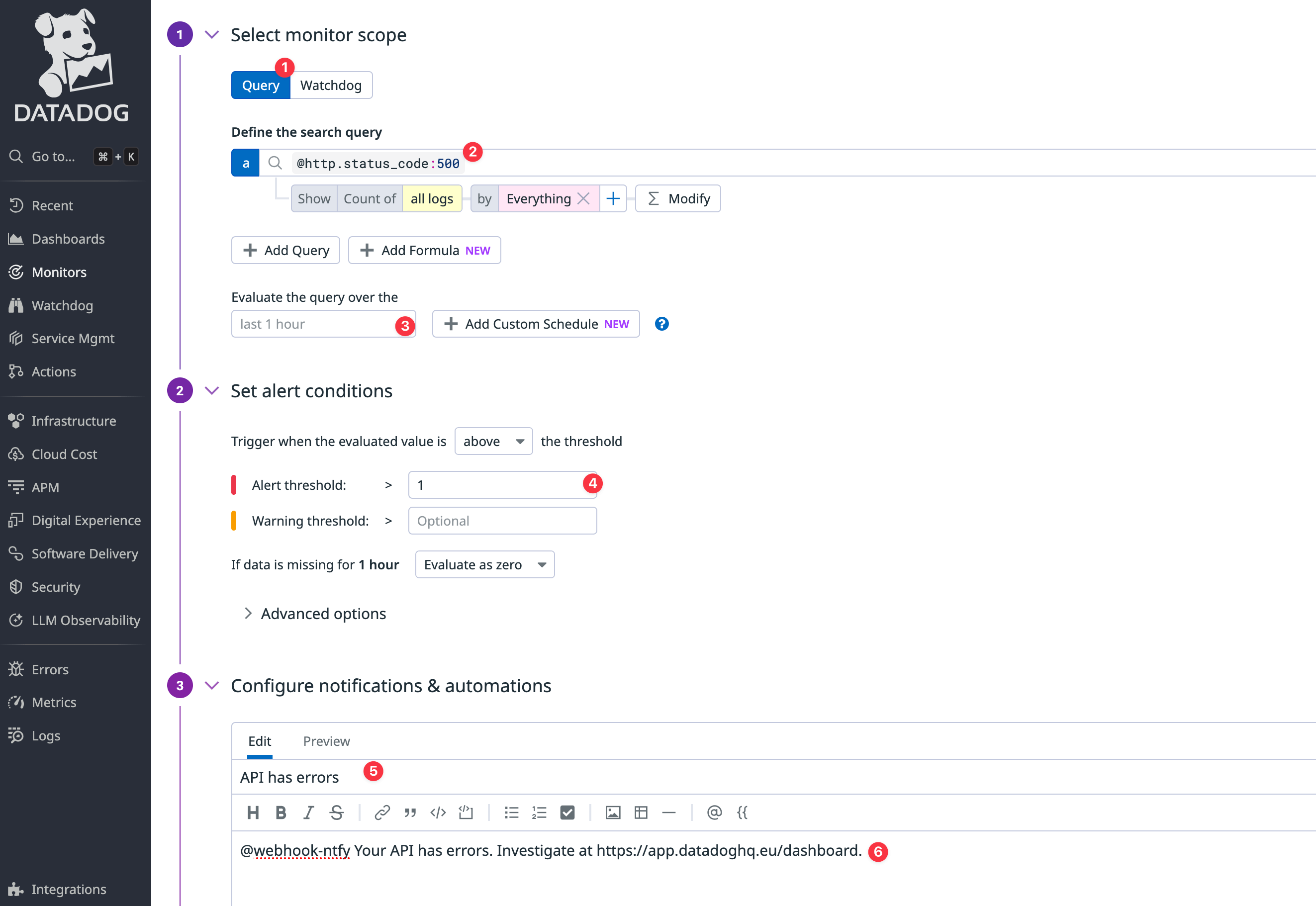Datadog Logs monitor configuration with an HTTP 500 status code query and notification message