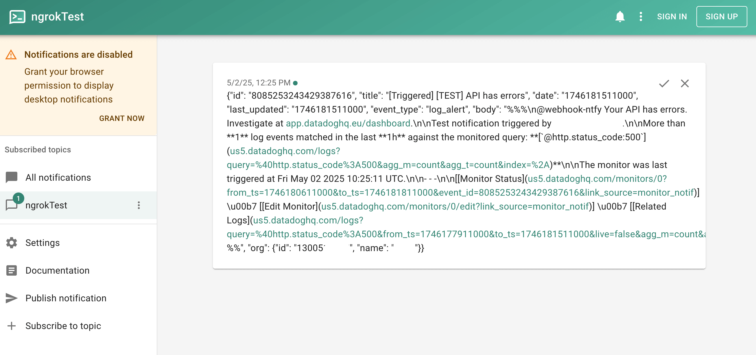 Datadog monitor notification settings showing a webhook notification channel