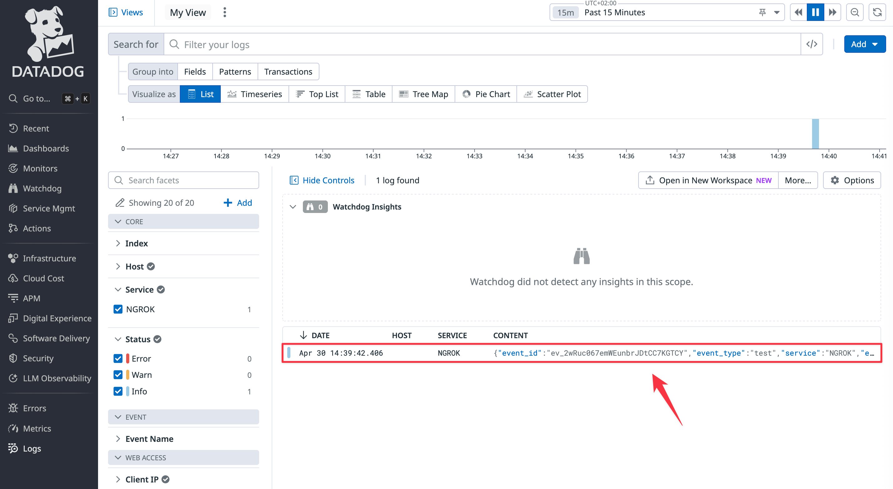 Datadog Log Explorer showing incoming ngrok HTTP request events