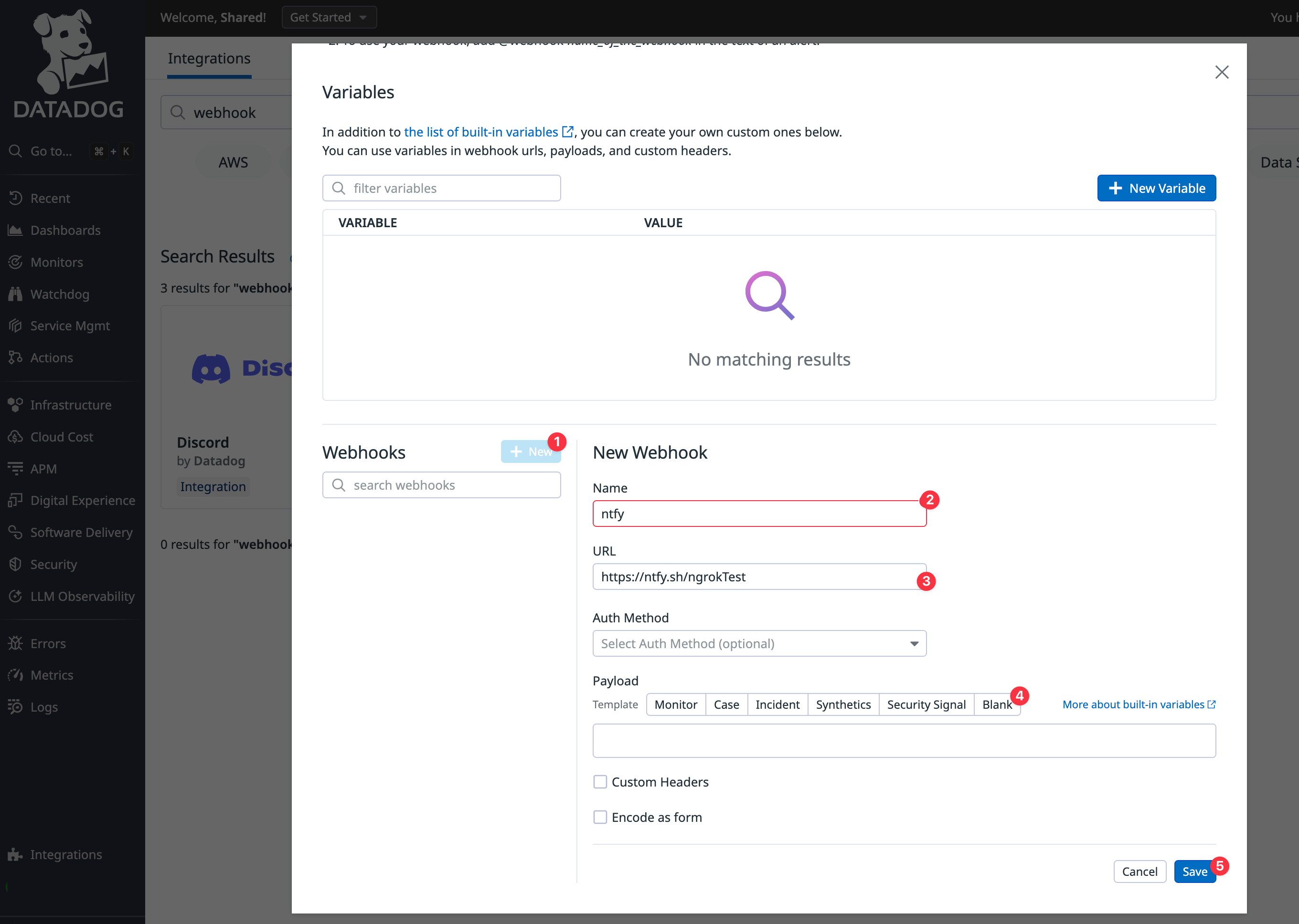 Datadog webhook configuration form with URL and name fields for ngrok event delivery