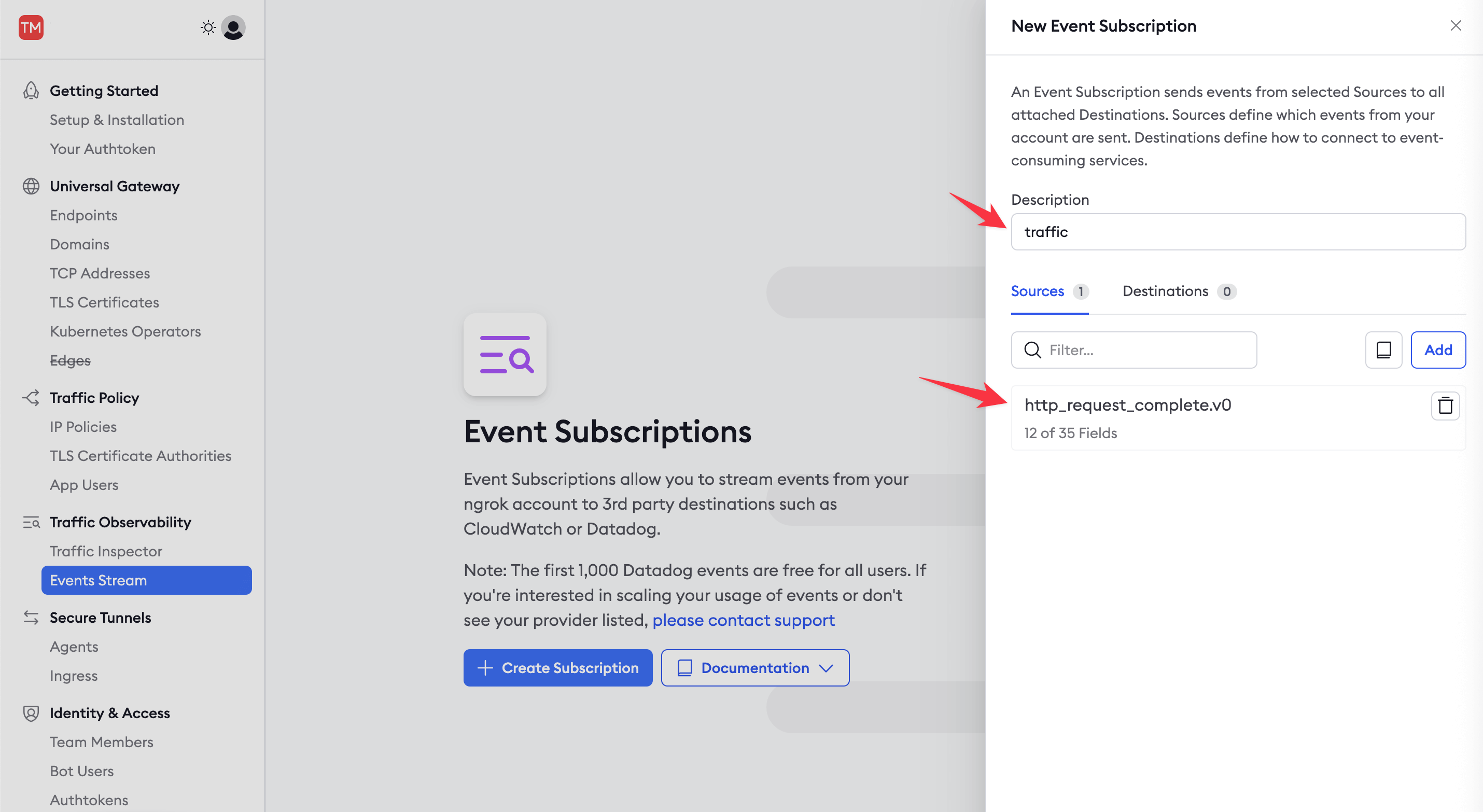 ngrok event subscription form adding an HTTP request log source type