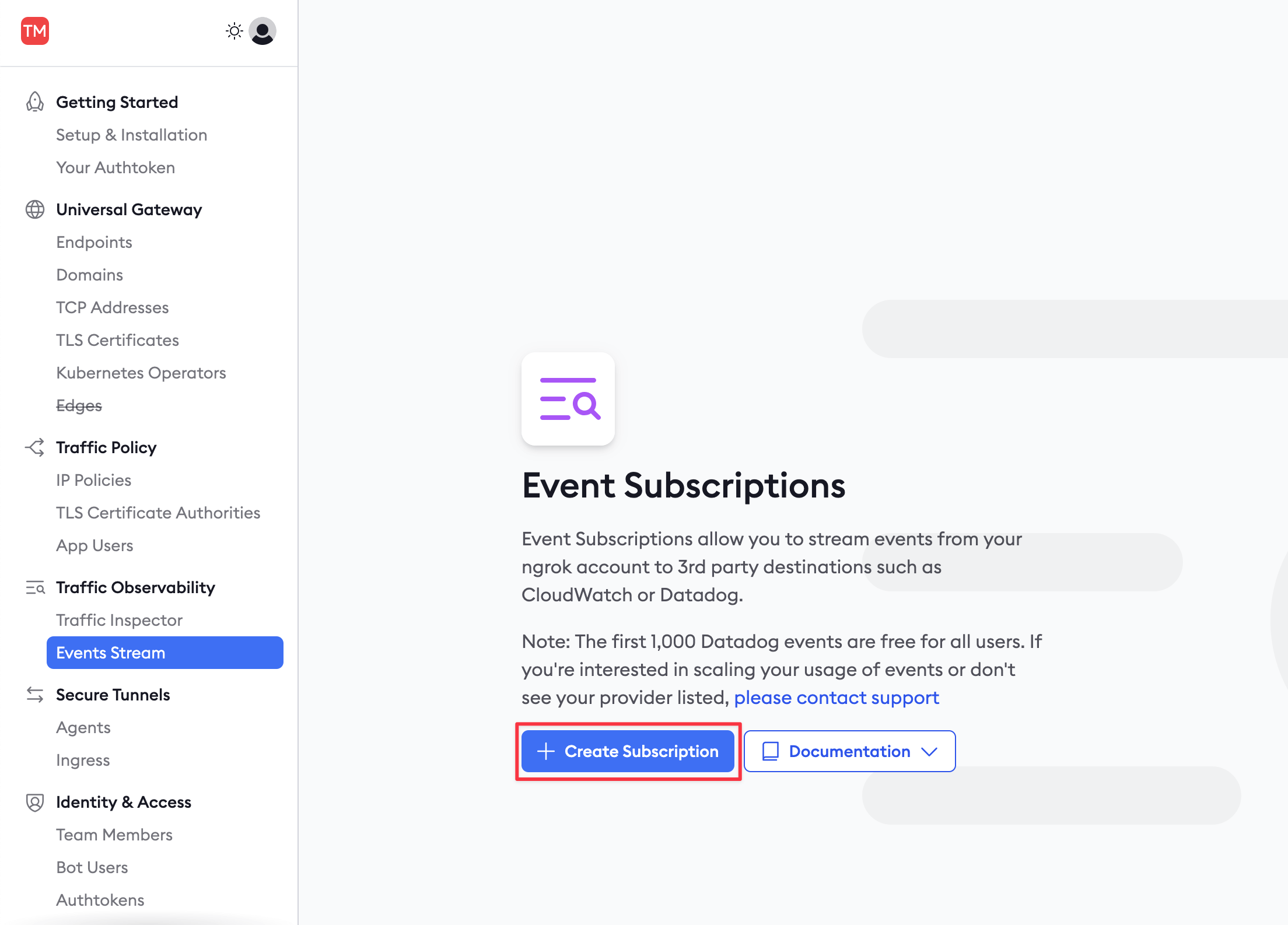 ngrok dashboard event subscription creation form with destination and description fields