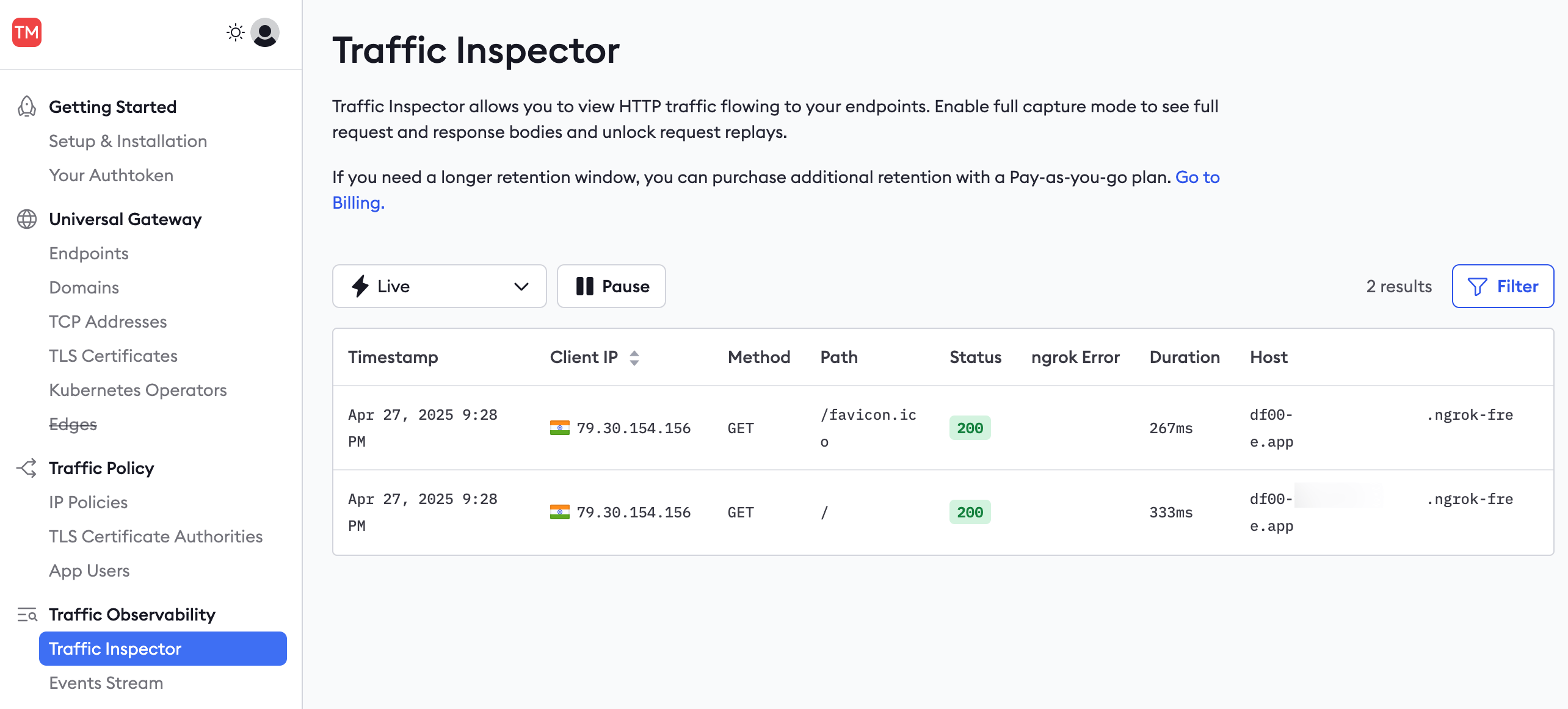 ngrok Traffic Inspector showing a list of captured HTTP requests with status codes and response times