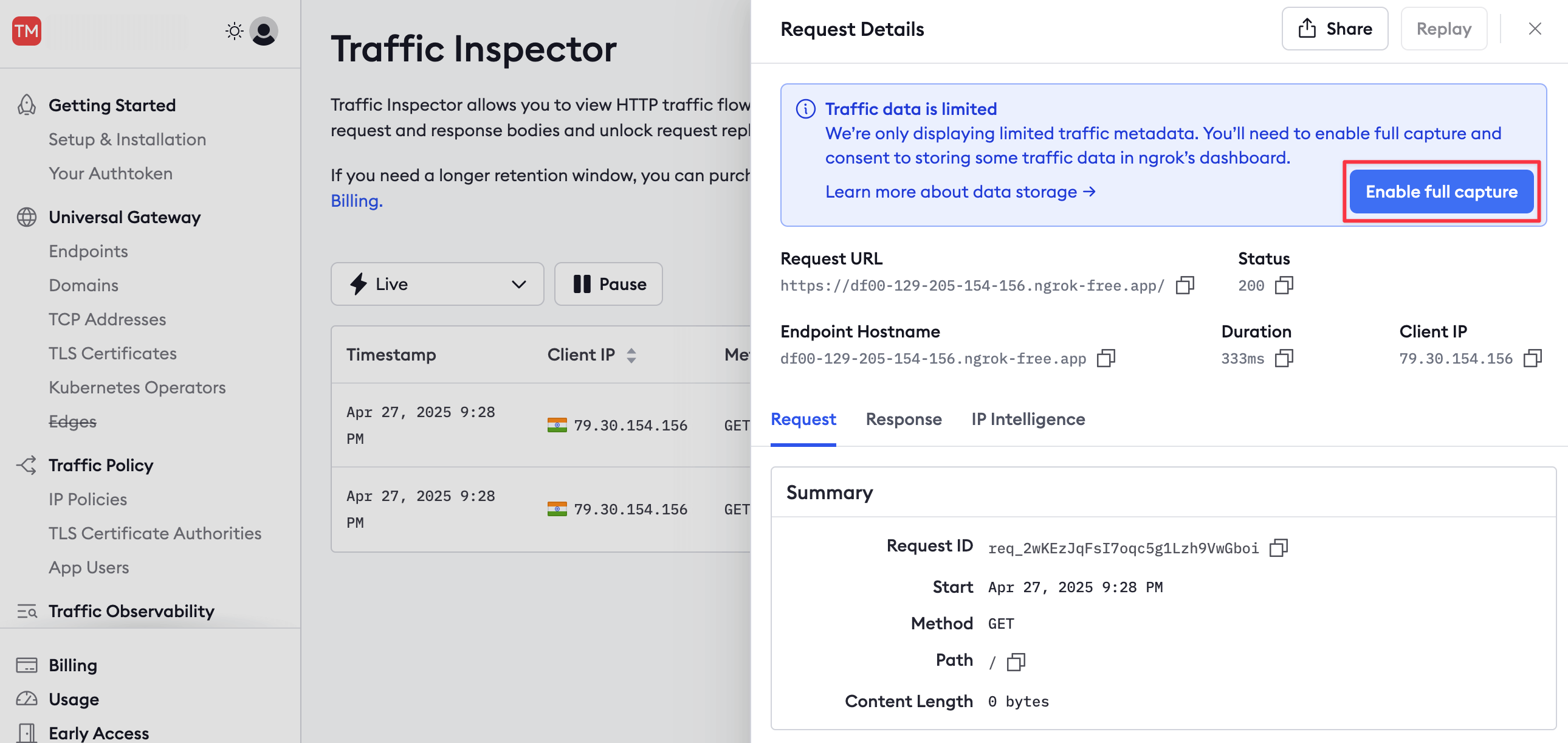 ngrok Traffic Inspector with the Enable Full Capture toggle highlighted