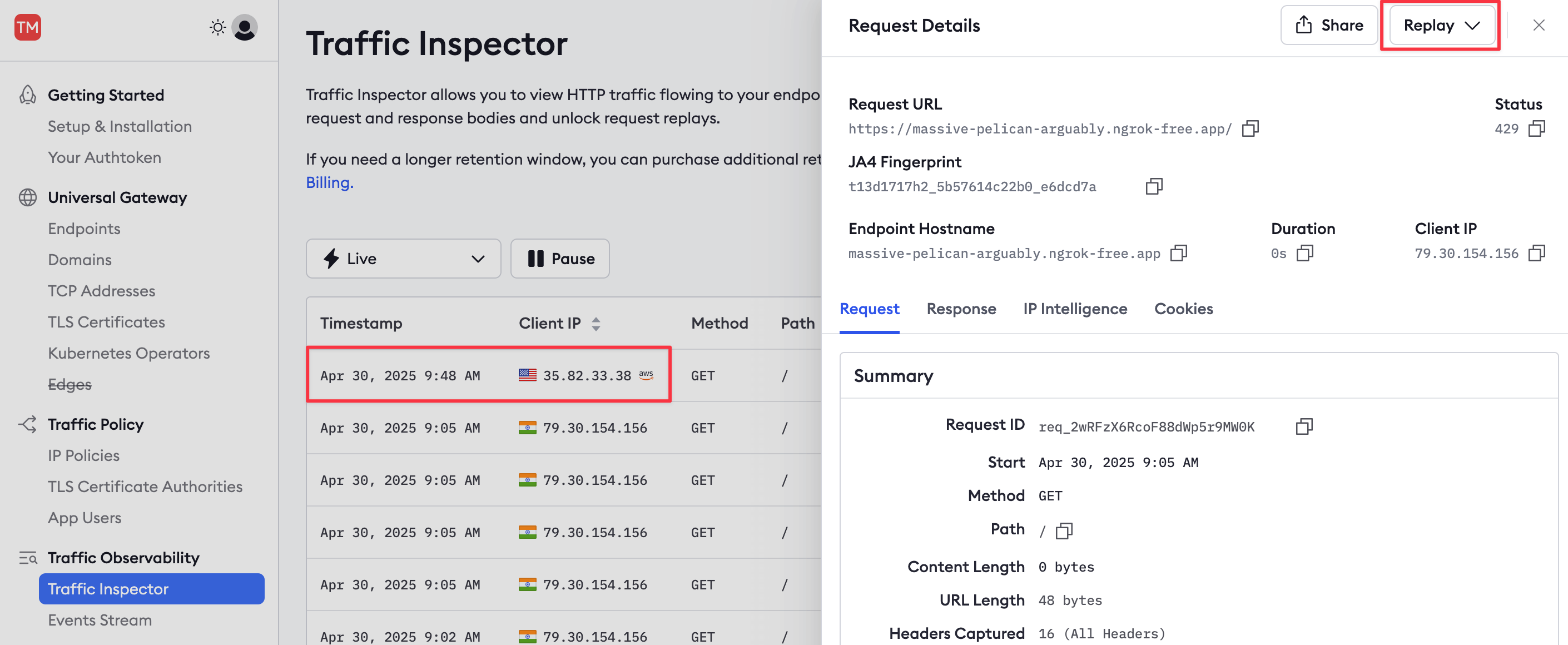 ngrok Traffic Inspector replaying a request after adjusting the rate limit policy