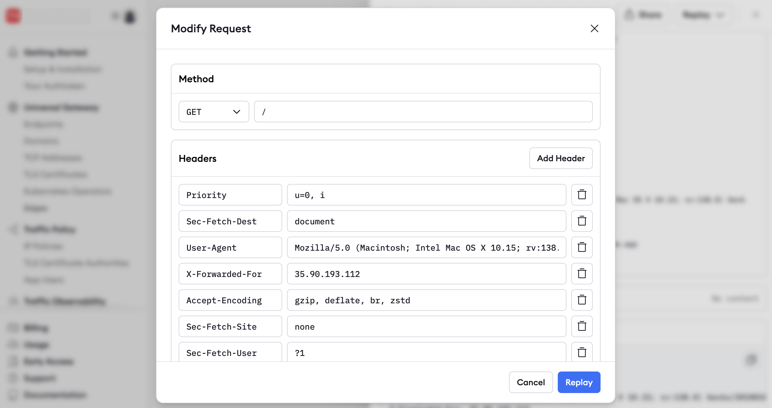ngrok Traffic Inspector replay editor with modified request headers