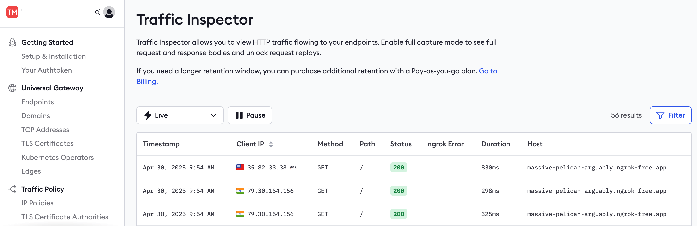 ngrok Traffic Inspector replay button for resending a captured HTTP request