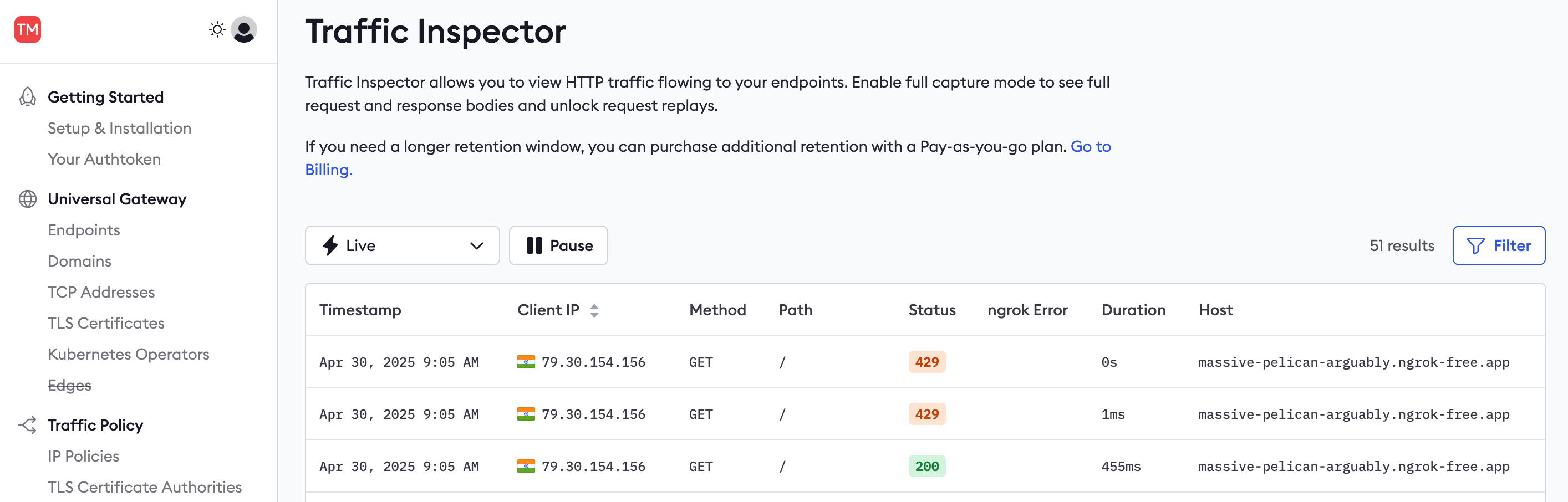 ngrok Traffic Policy rate limit configuration using a sliding window algorithm on POST and PUT requests