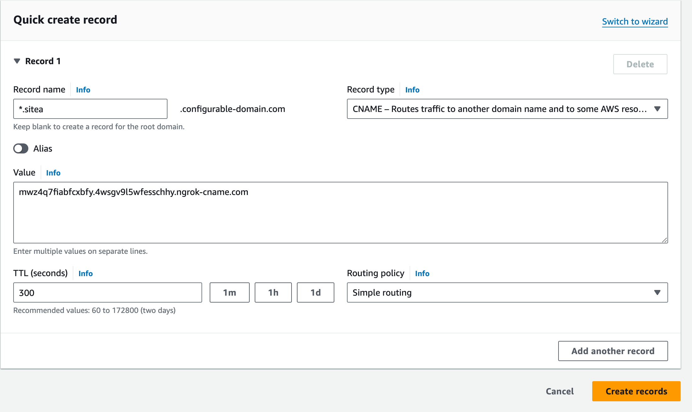 AWS Route 53 Quick create record form showing a wildcard CNAME record for the device gateway subdomain pointing to the ngrok CNAME target