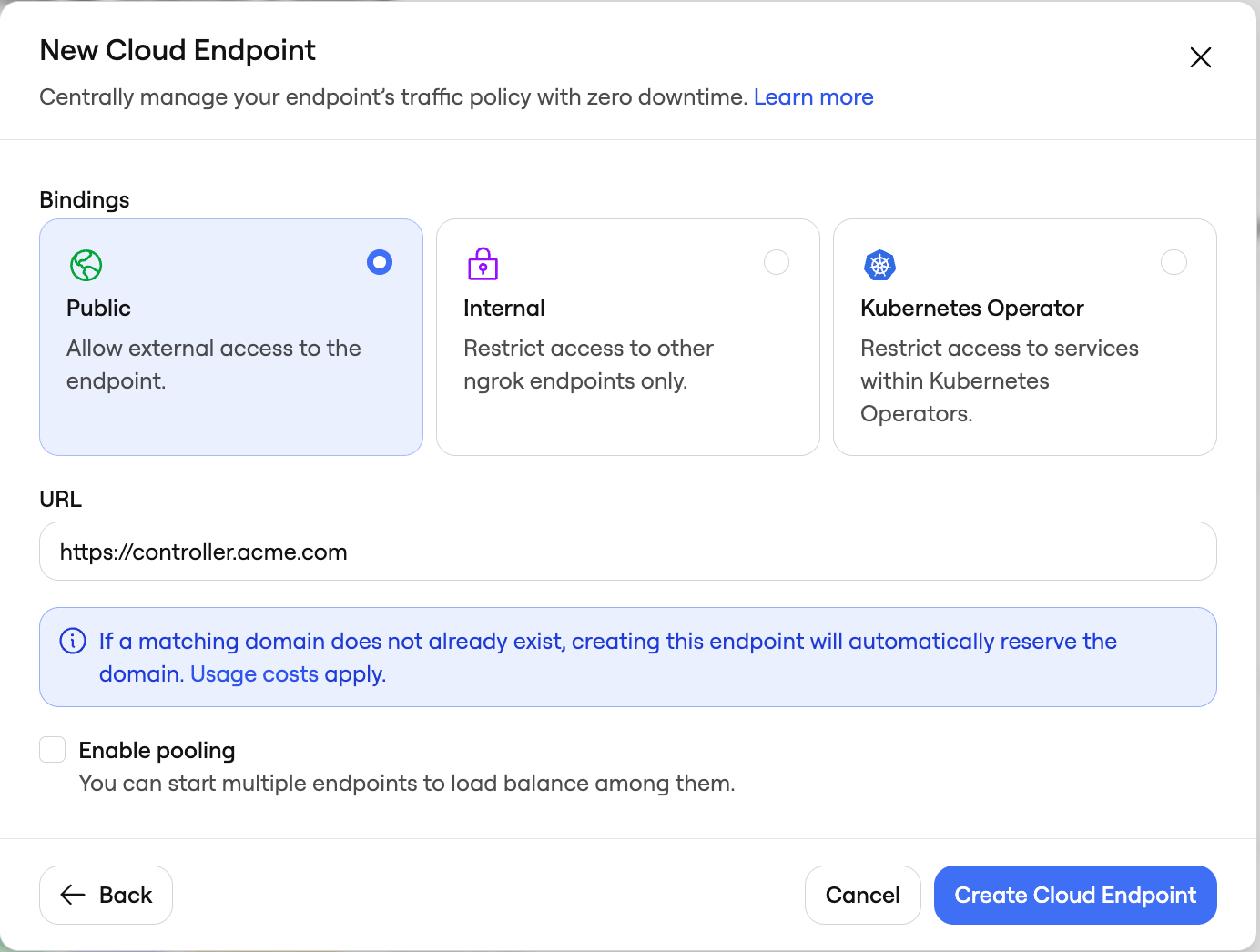 Endpoints page with New button to create a Cloud Endpoint