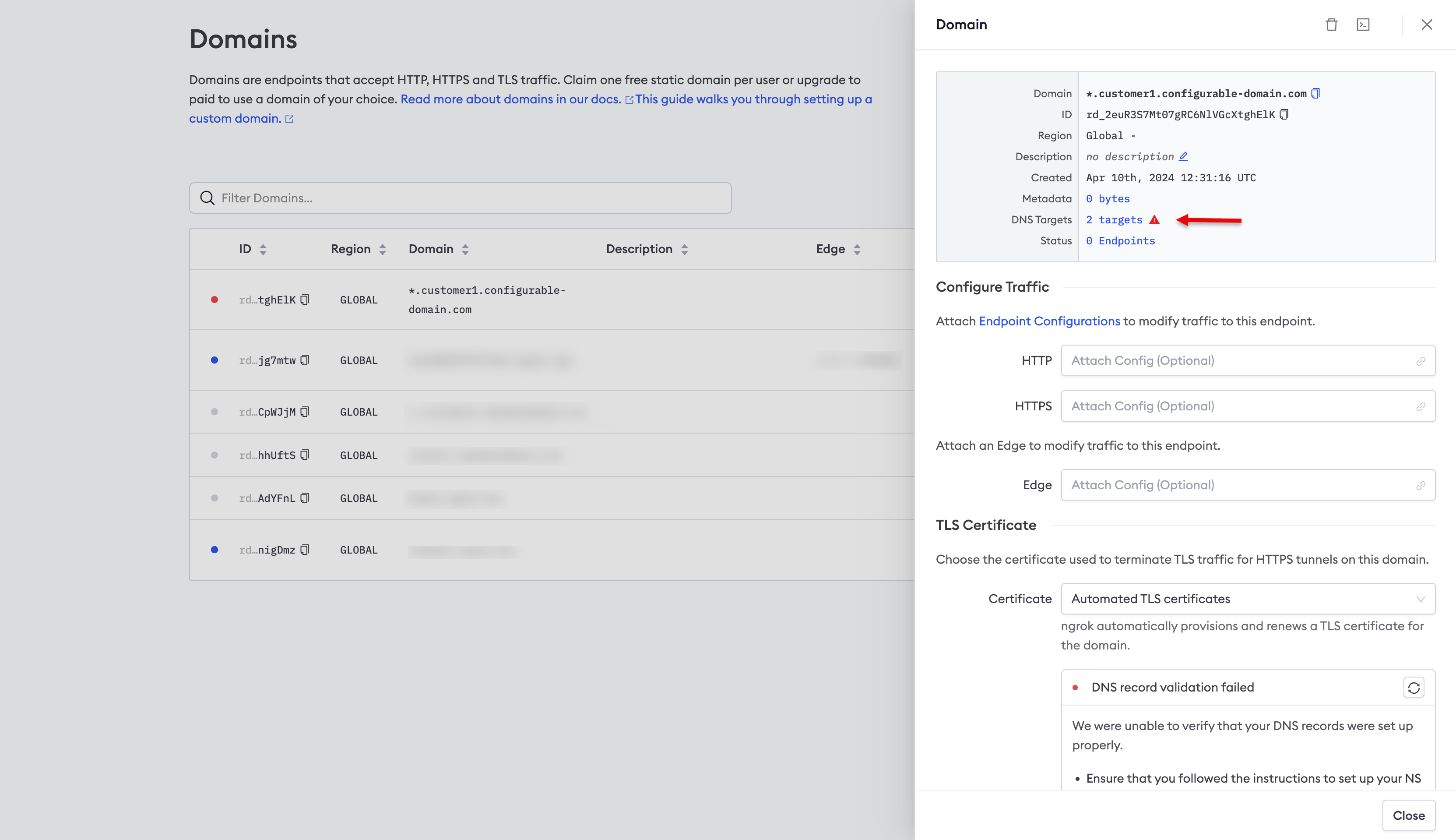 ngrok dashboard Domains page showing a reserved domain's detail panel with the DNS Targets 2 targets link highlighted