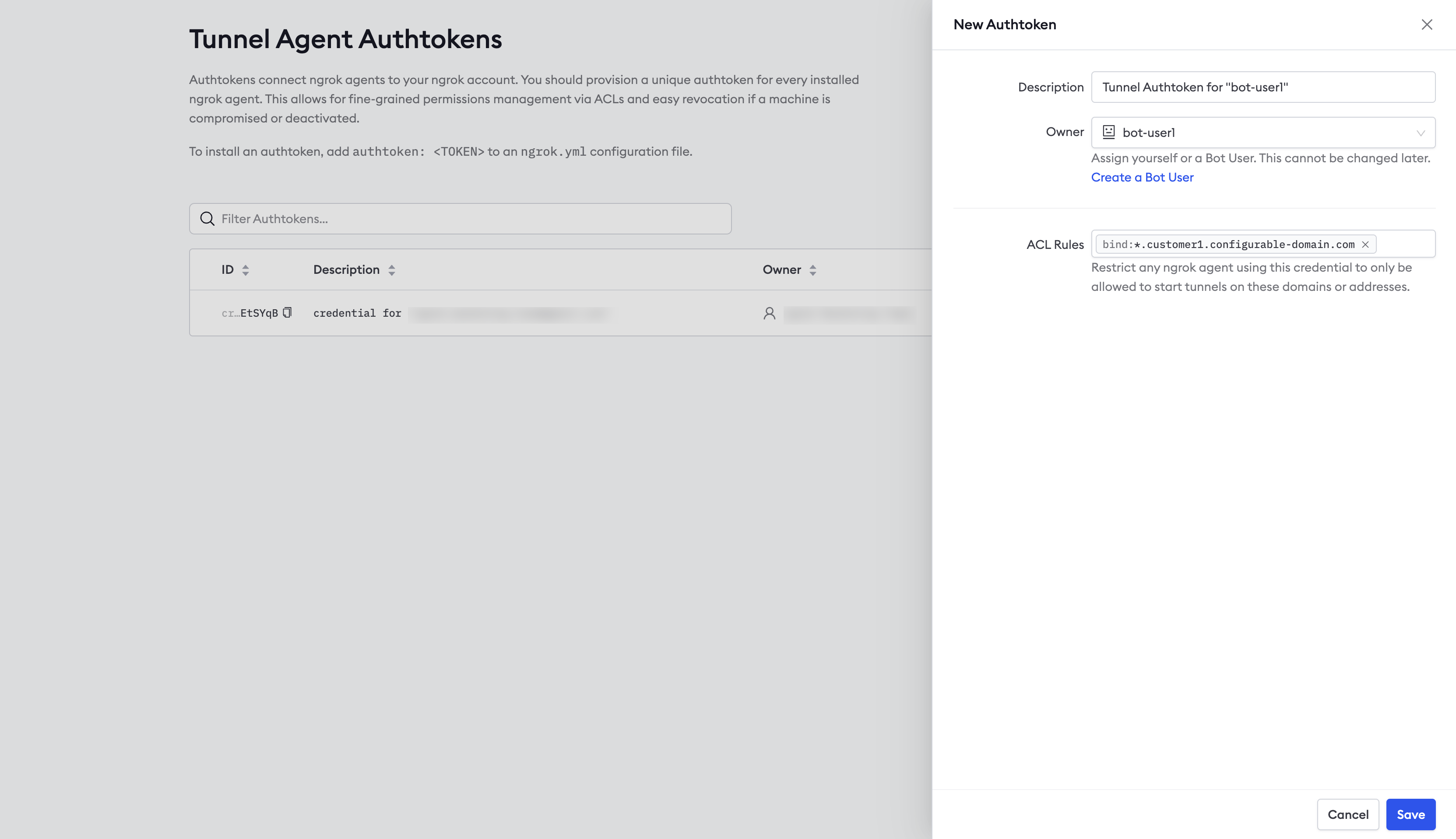 ngrok dashboard New Authtoken dialog with a bot user as owner and a wildcard domain ACL binding rule