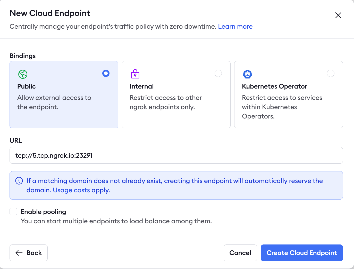Endpoints page with New button to create a TCP Cloud Endpoint