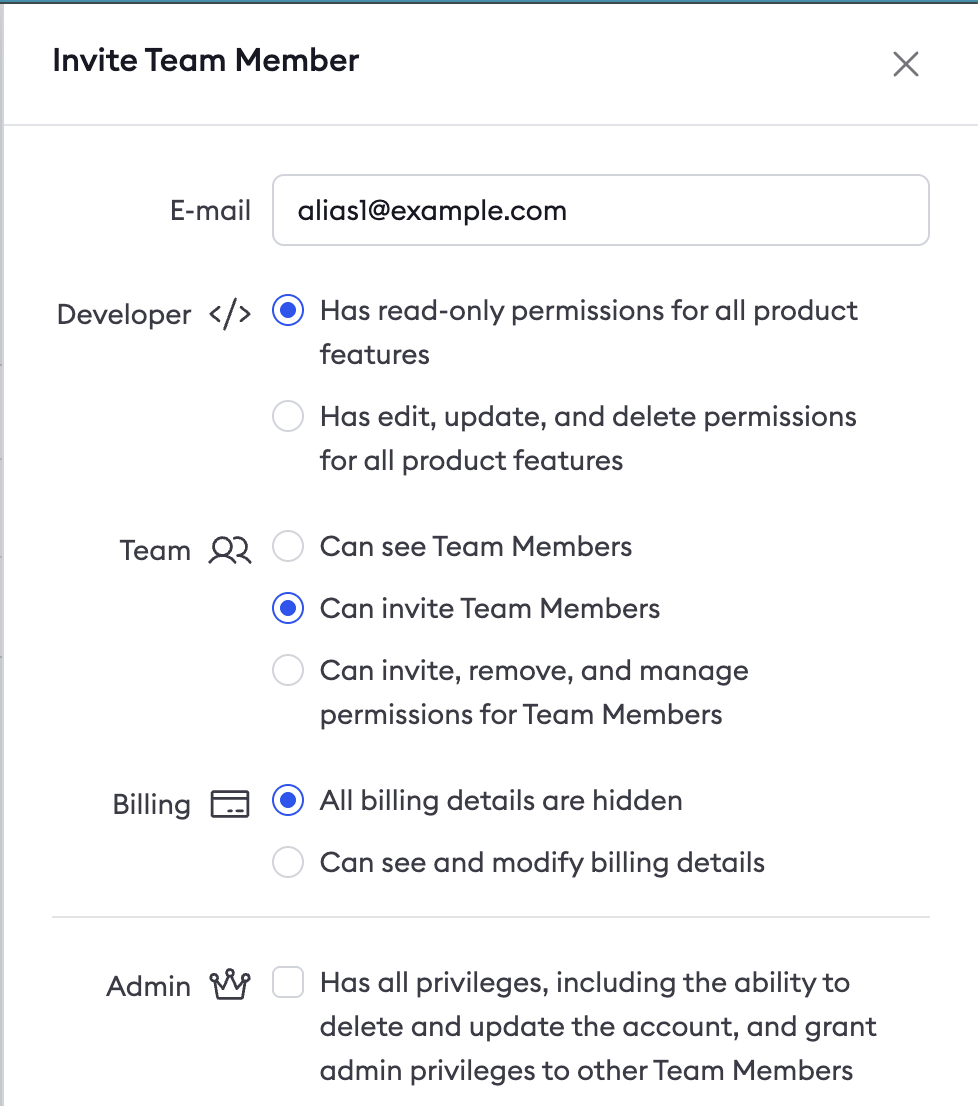 ngrok dashboard Invite Team Member dialog showing RBAC permission options for Developer, Team, Billing, and Admin roles