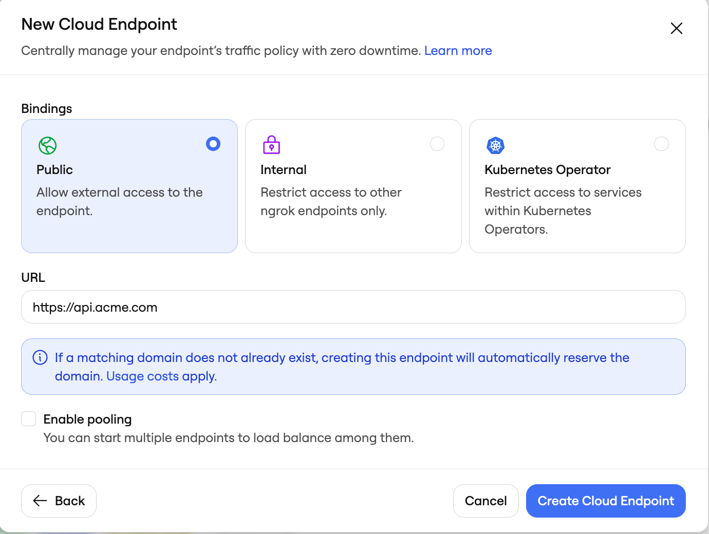 ngrok dashboard New Cloud Endpoint dialog with Public binding selected and URL set to https://api.acme.com
