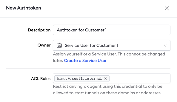 Service User configuration interface screenshot