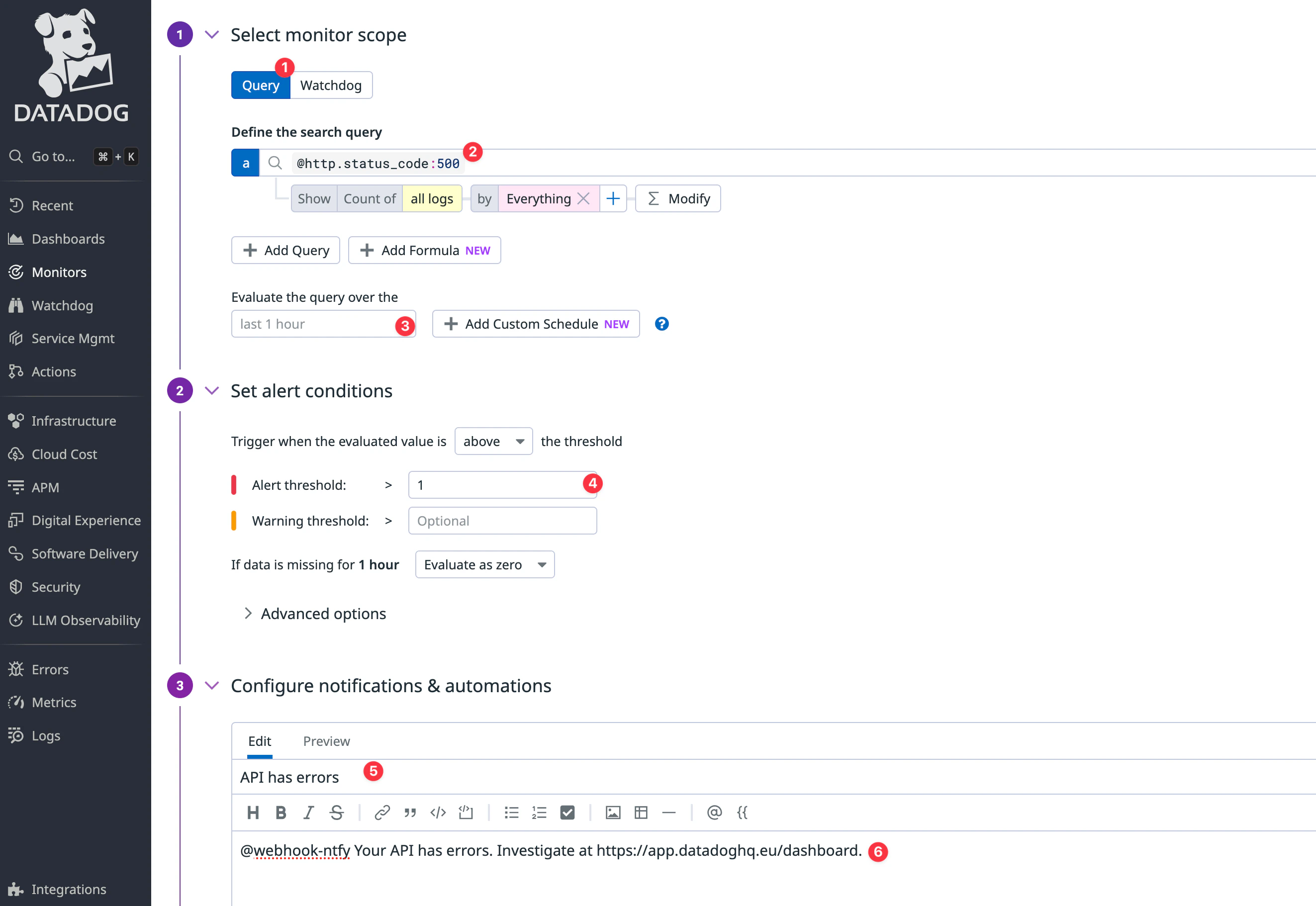Datadog Logs monitor configuration with an HTTP 500 status code query and notification message