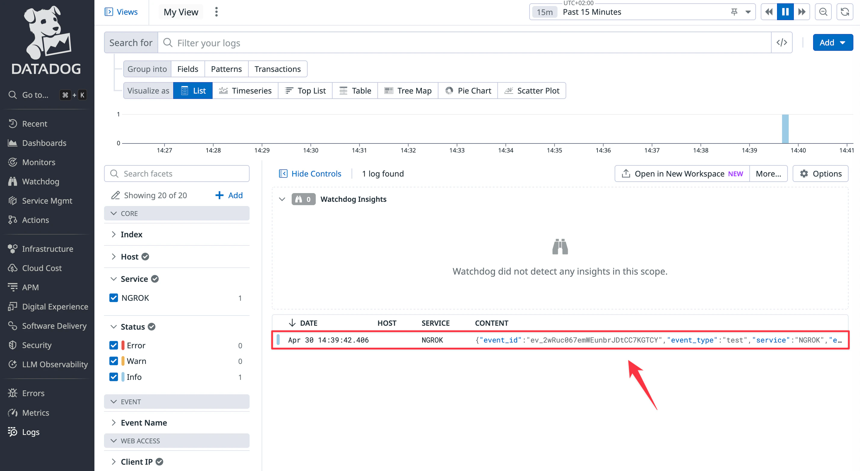 Datadog Log Explorer showing incoming ngrok HTTP request events