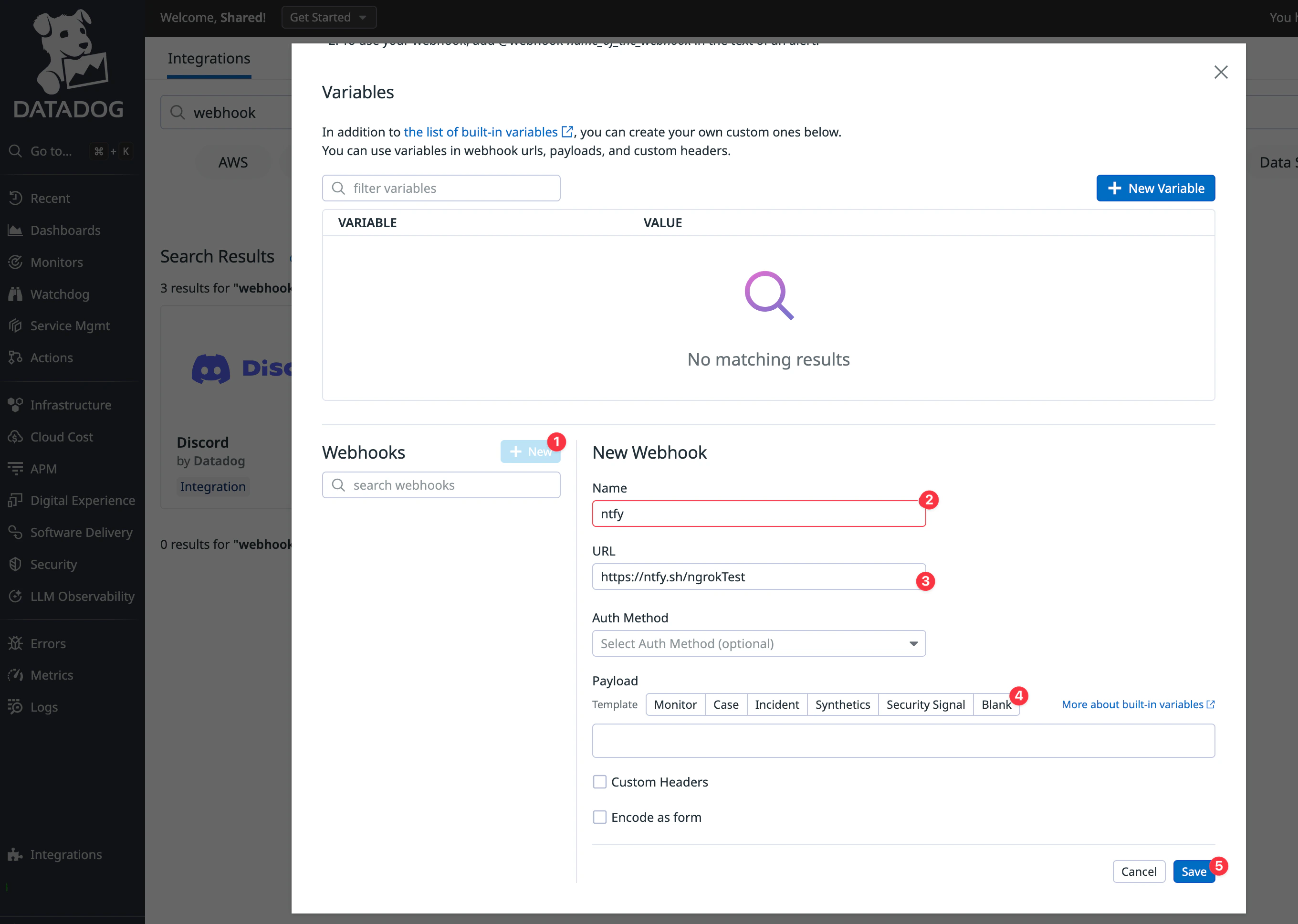 Datadog webhook configuration form with URL and name fields for ngrok event delivery