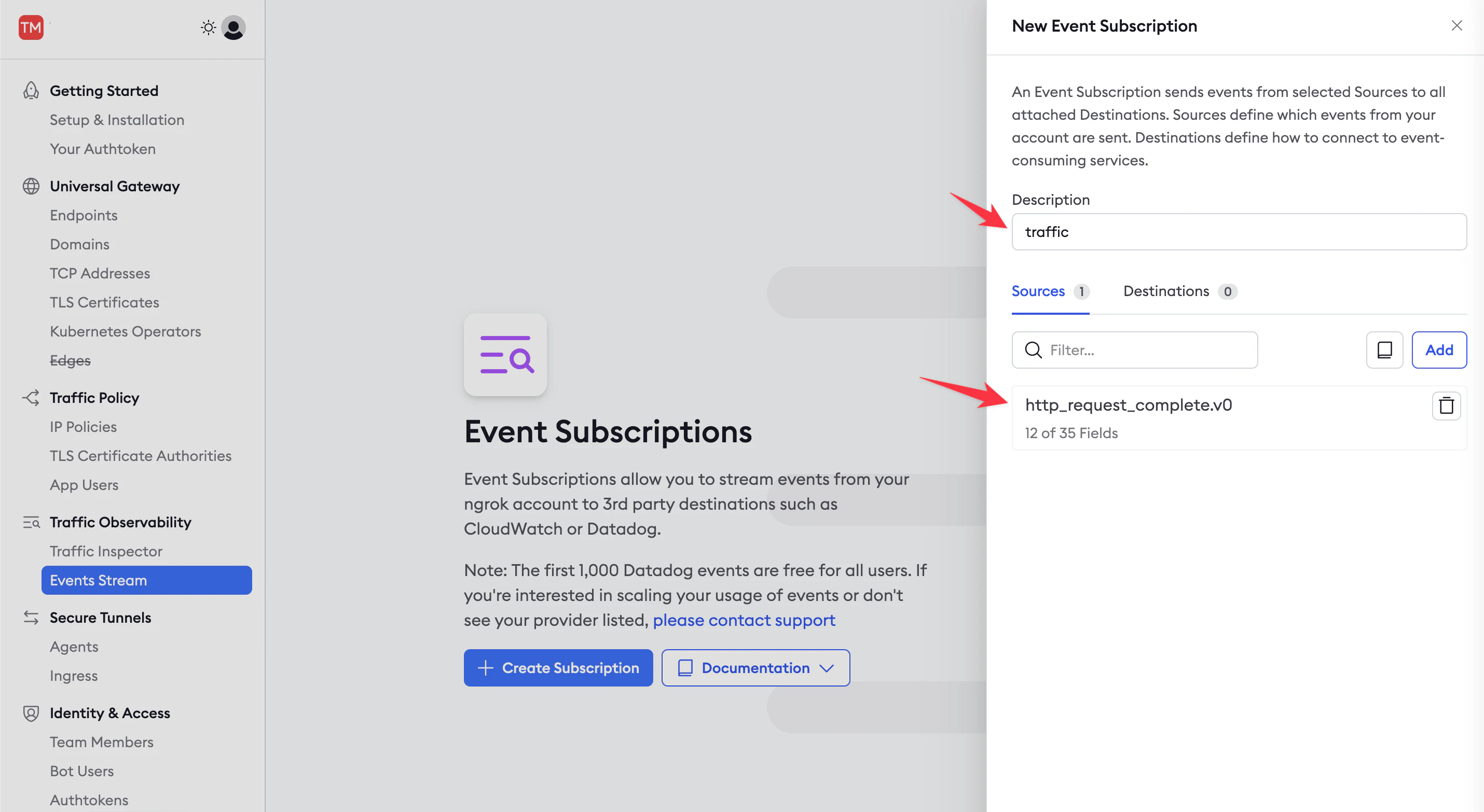 ngrok event subscription form adding an HTTP request log source type