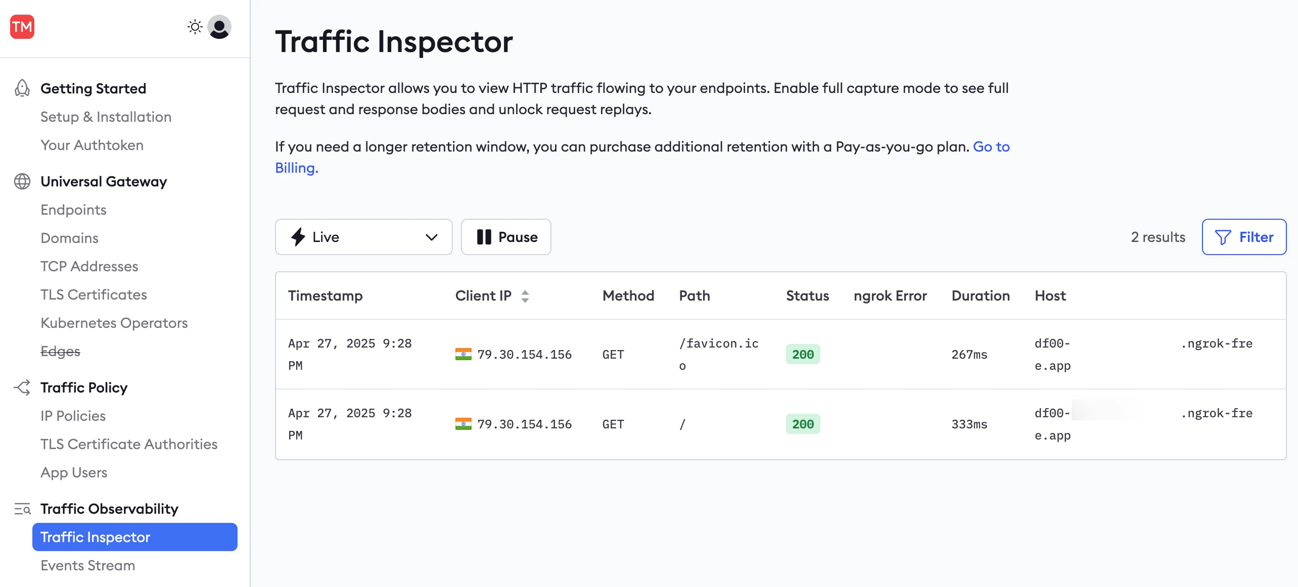 ngrok Traffic Inspector showing a list of captured HTTP requests with status codes and response times