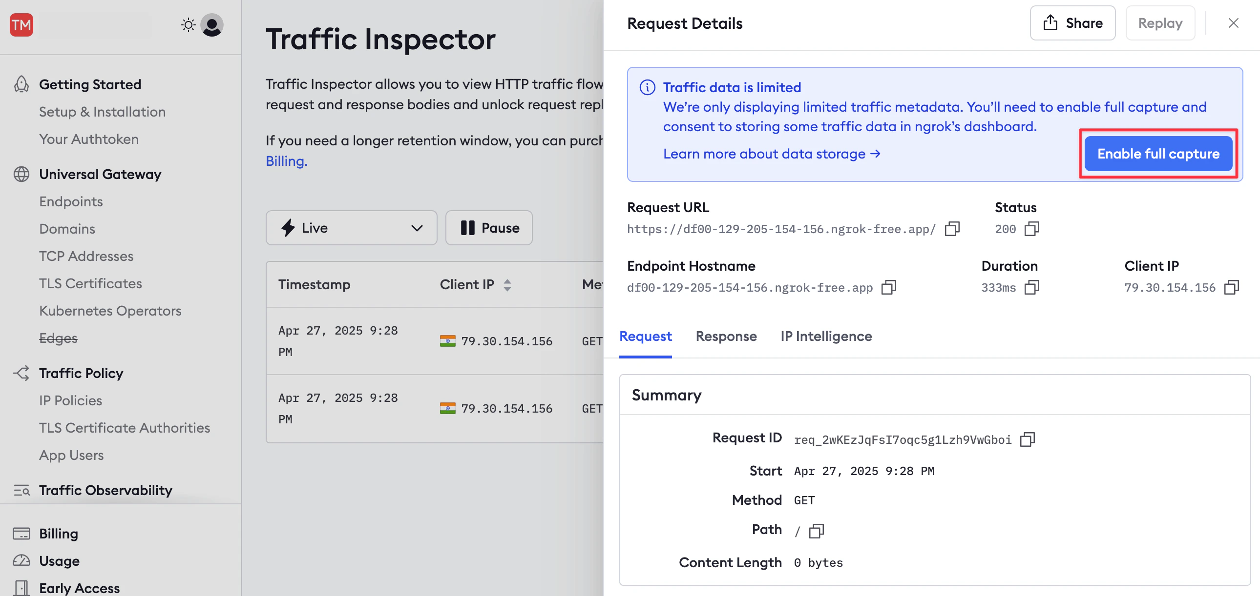 ngrok Traffic Inspector with the Enable Full Capture toggle highlighted