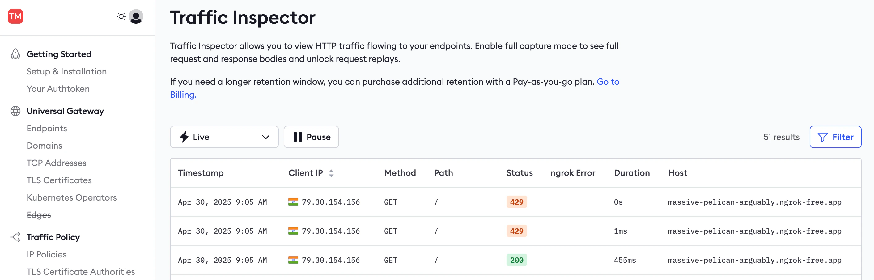 ngrok Traffic Policy rate limit configuration using a sliding window algorithm on POST and PUT requests