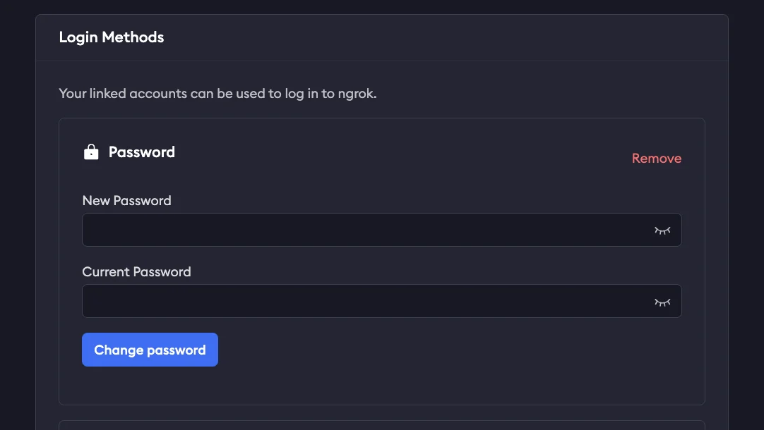 ngrok user settings Login Methods section showing a Password form with New Password, Current Password fields and a Change password button