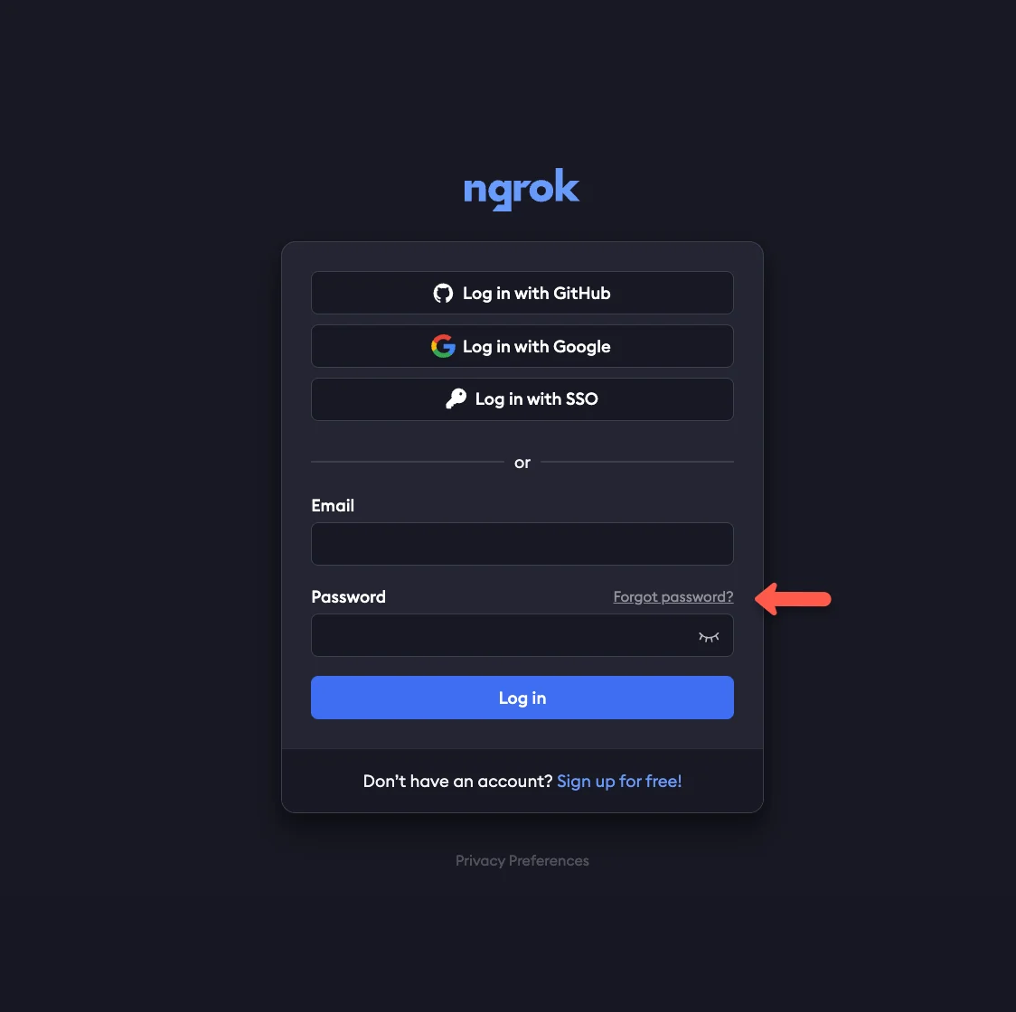 ngrok login screen with GitHub, Google, and SSO options and an arrow pointing to the Forgot password? link