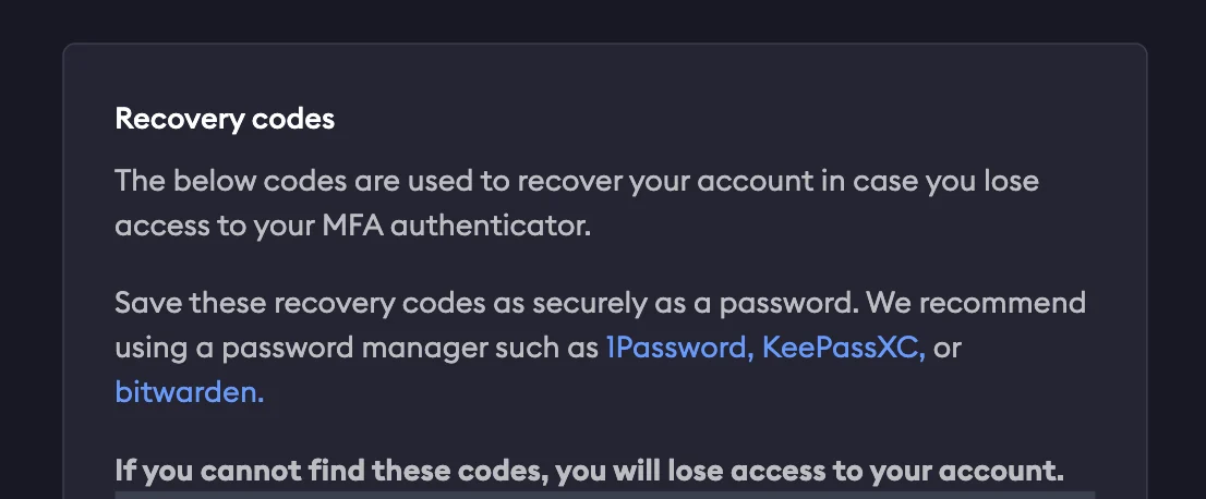 ngrok MFA recovery codes screen warning that codes must be saved securely to avoid losing account access