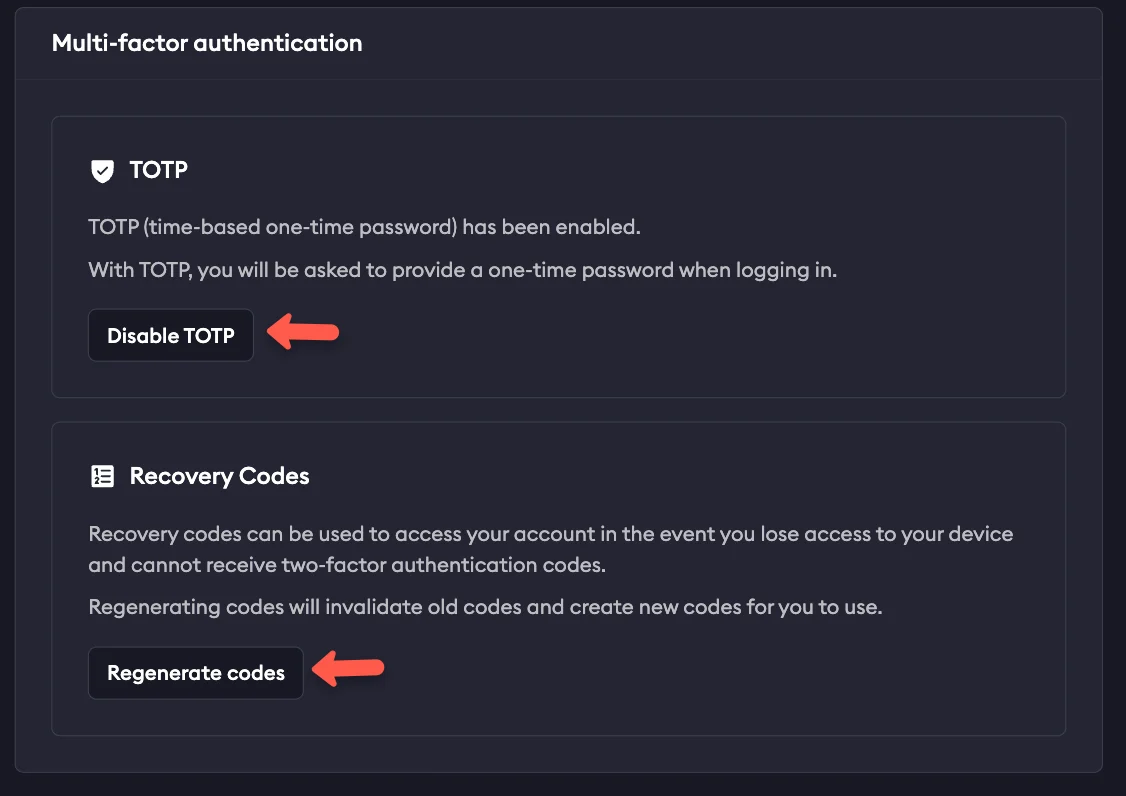 ngrok Multi-factor authentication settings with TOTP enabled showing Disable TOTP and Regenerate codes buttons