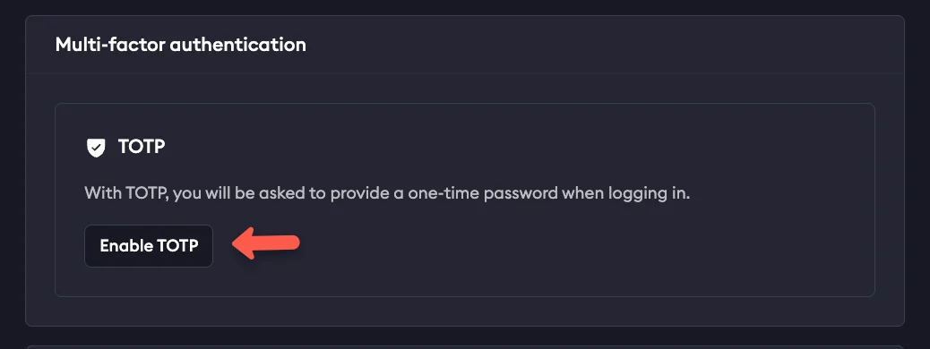 ngrok Multi-factor authentication settings showing the TOTP section with an Enable TOTP button highlighted