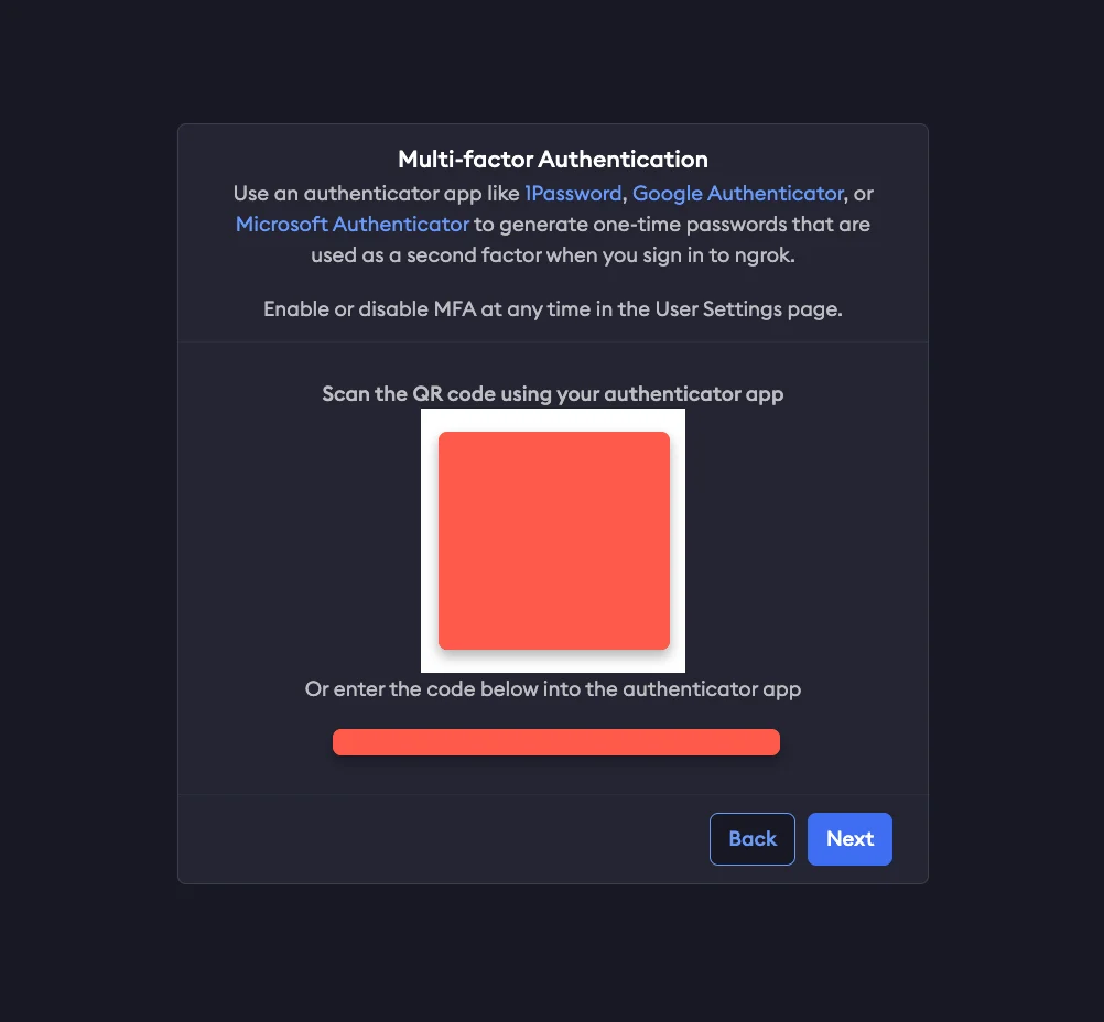 ngrok Multi-factor Authentication setup screen showing a QR code to scan with an authenticator app