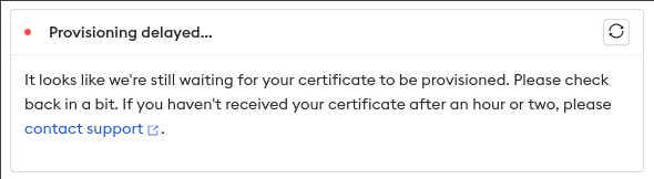 ngrok dashboard certificate provisioning delayed warning banner with a link to contact support