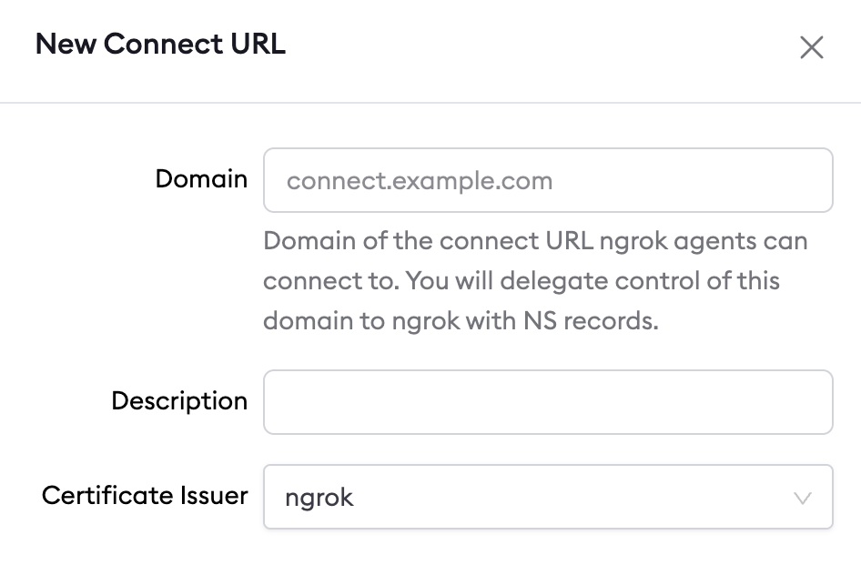 ngrok dashboard New Connect URL dialog with Domain, Description, and Certificate Issuer fields