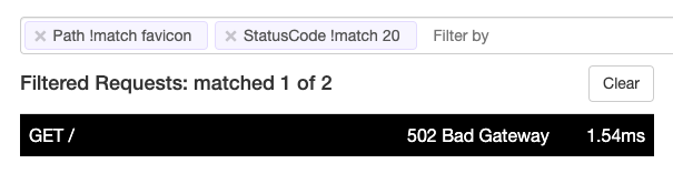 ngrok web inspection interface showing filtered requests matching path and status code filters with one result