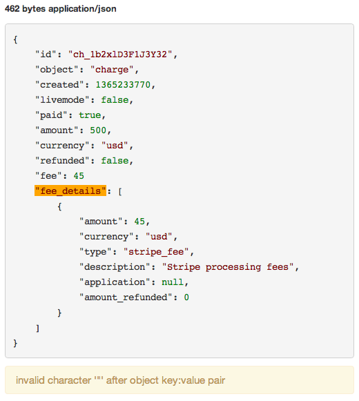 ngrok web inspection interface showing a JSON syntax error with the problematic key highlighted in orange