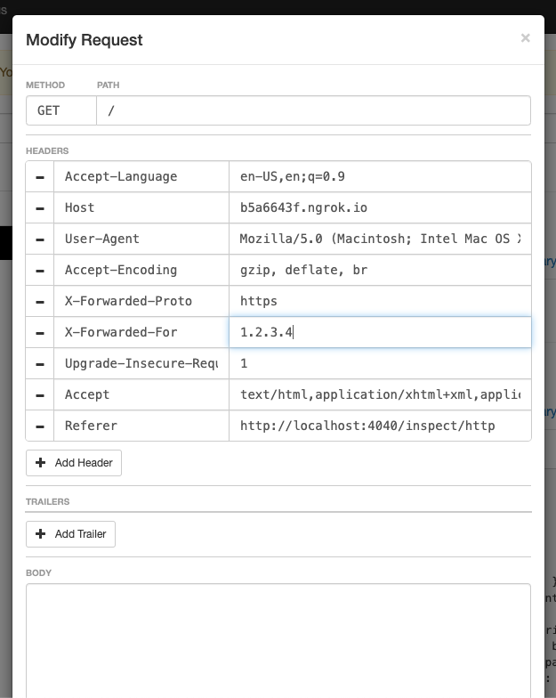 ngrok web inspection Modify Request dialog showing editable method, path, headers, and body fields