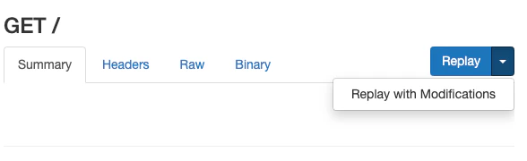 ngrok web inspection interface showing the Replay button dropdown with the Replay with Modifications option