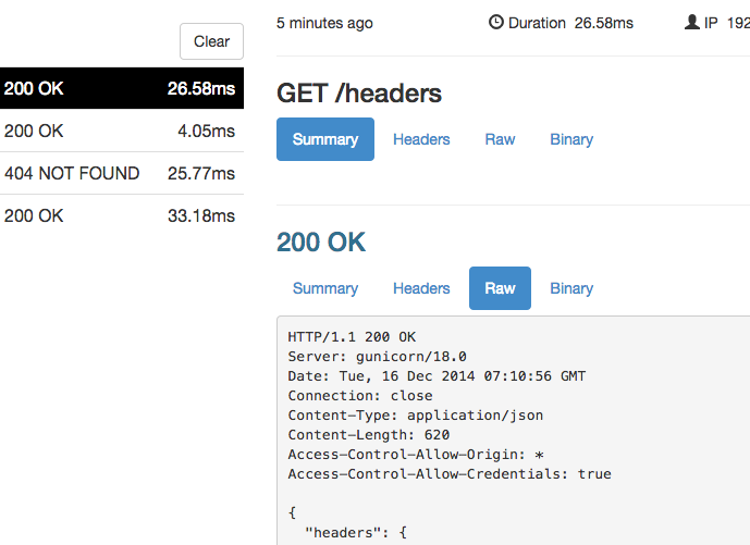 ngrok agent web inspection interface showing HTTP request and response detail with Summary, Headers, Raw, and Binary tabs