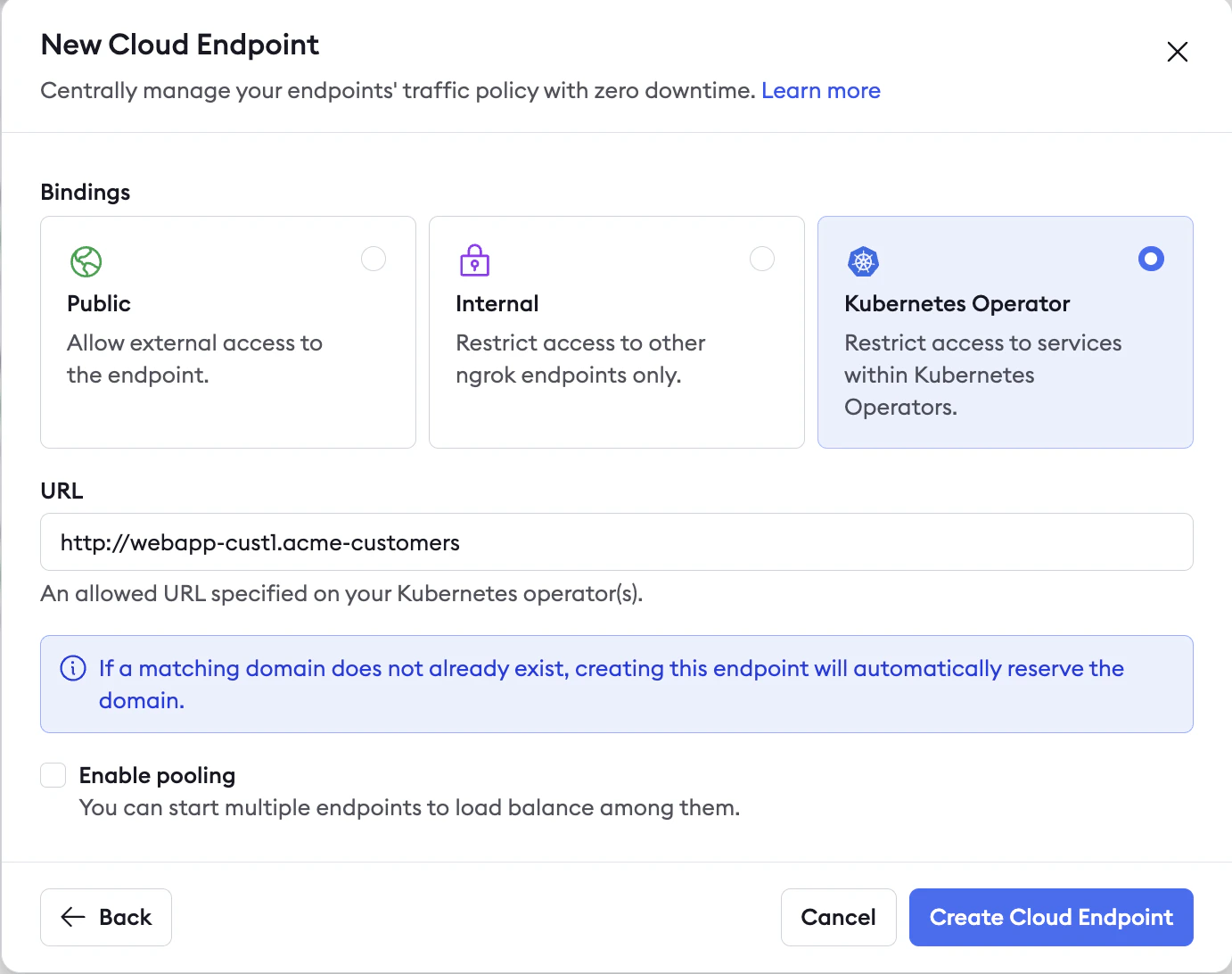 ngrok New Cloud Endpoint dialog with Kubernetes Operator binding selected and URL set to http://webapp-cust1.acme-customers