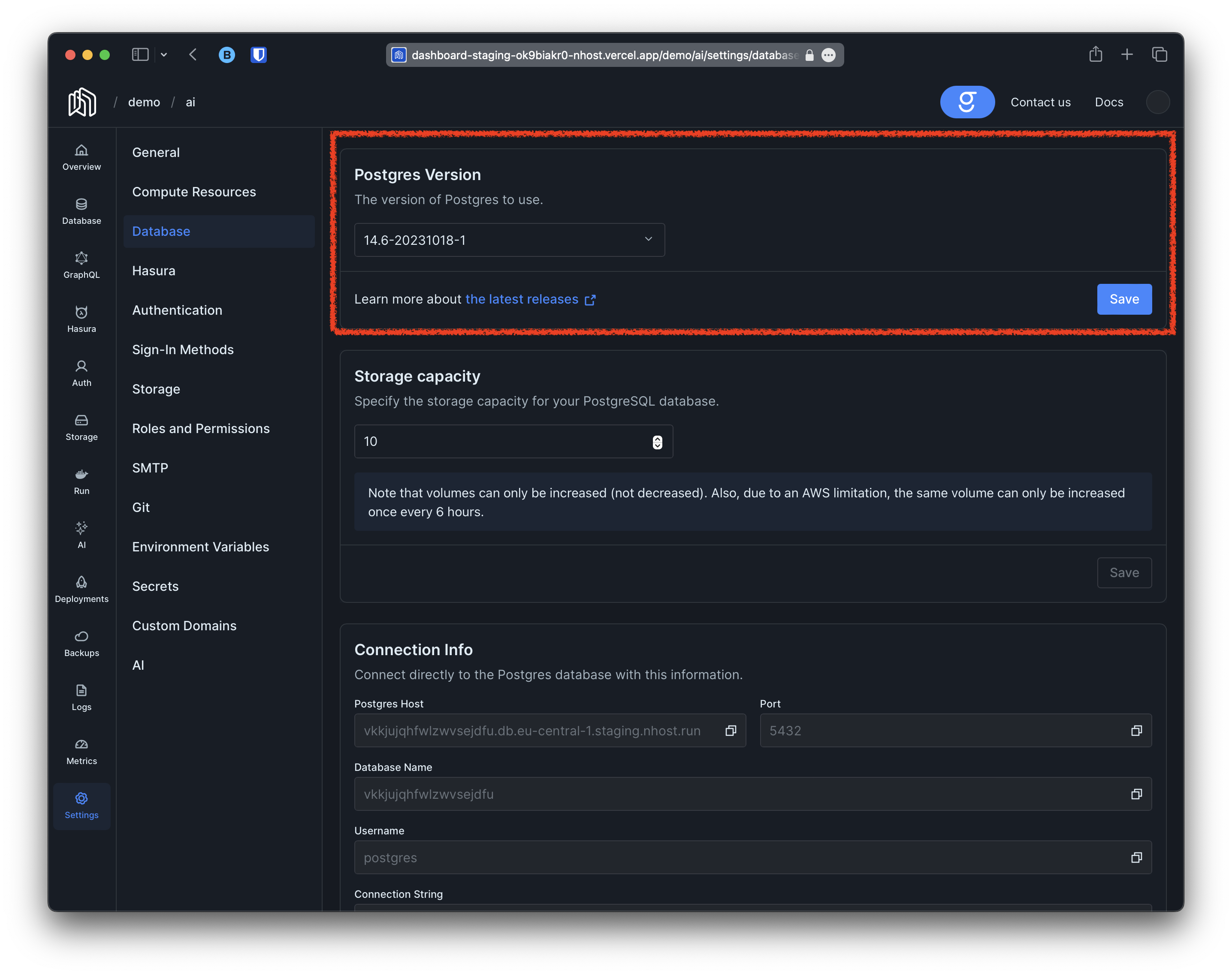 database settings