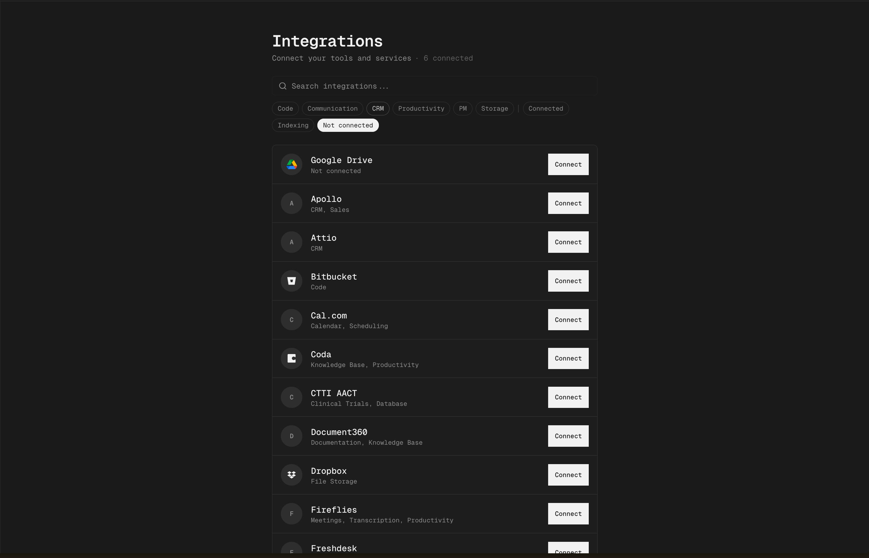 Nia integrations page — connect Slack, Drive, Notion, and more