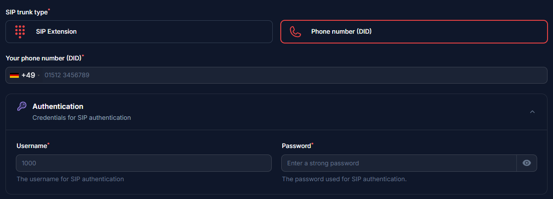 Fill in your details based on your integration type