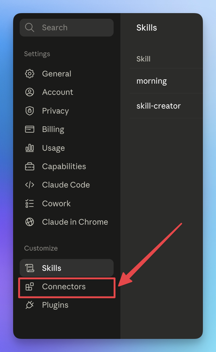 Open Connectors in the Claude settings panel
