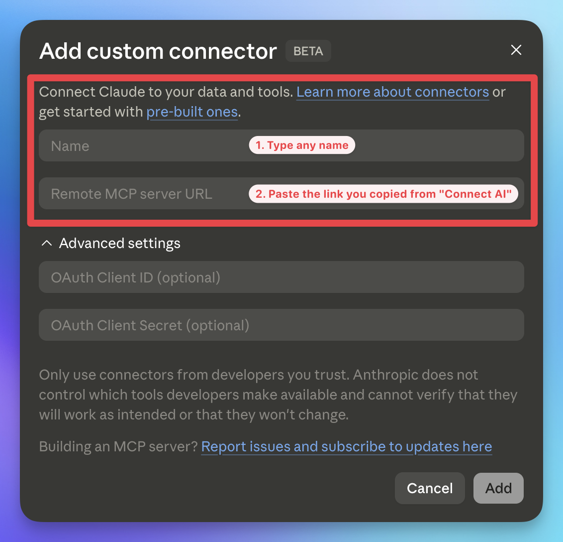 Paste the Nicecall MCP URL in Claude
