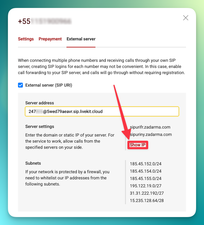 Zadarma SIP Show IP button